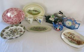 Four novelty teapots, selection of oval serving plates etc