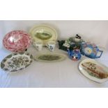 Four novelty teapots, selection of oval serving plates etc