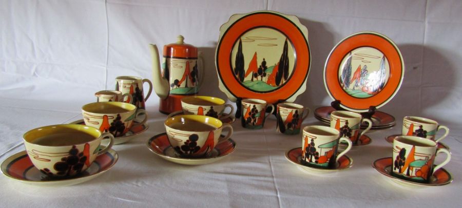 Clarice Cliff Fantasque - orange trees and house pattern - part coffee and tea set, to include a - Image 2 of 38