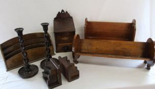 2 early 20th century book troughs, Art Deco wooden book ends, Pilot oak letter rack, pair of