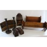 2 early 20th century book troughs, Art Deco wooden book ends, Pilot oak letter rack, pair of
