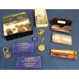 Camera compact, 20th century coins including commemorative, pince-nez glasses, cheroot holder, brass