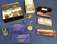 Camera compact, 20th century coins including commemorative, pince-nez glasses, cheroot holder, brass