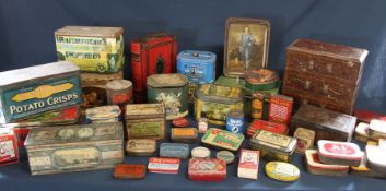 Large selection of vintage tins including Squirrel Confections, Carr & Co etc.