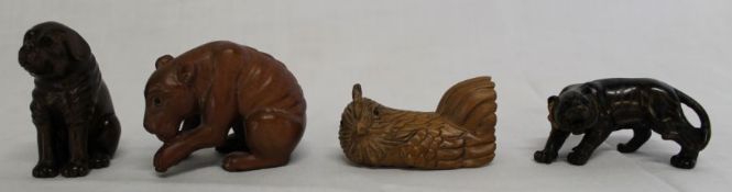4 Japanese hardwood signed netsuke: - tiger, cockerel, dog and bear, all with signed mother of pearl