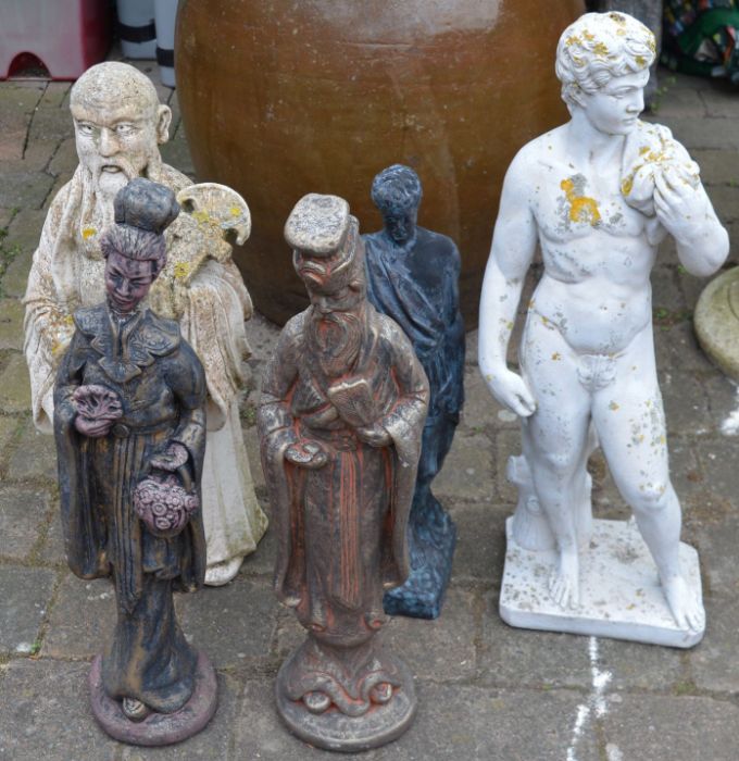 Concrete statue of David (Ht 73cm), Roman figure & 3 Oriental figures (one with repair to head)