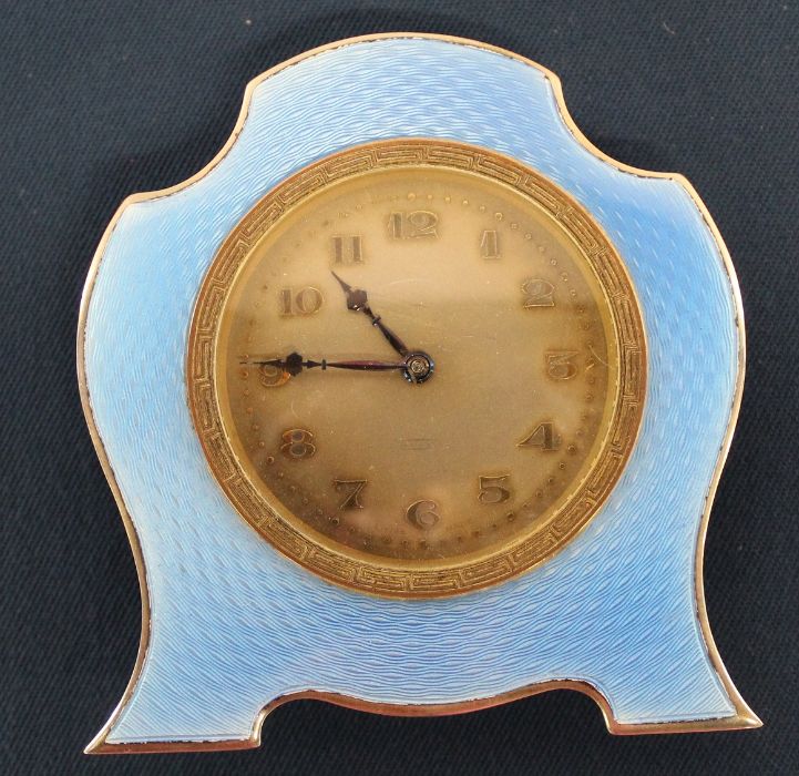 George V silver & blue guilloche enamel easel dressing table strut timepiece, clock dial 4.5cm - Image 2 of 5