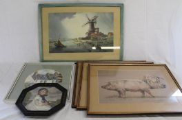 Framed watercolour "Cley Mill" by Anna Ford, pen & wash "Jolly Sailor Yard, Wells" by Janet Beckett,