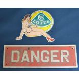 Lotus cars enamel sign & a danger sign