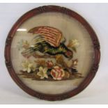 Victorian wool work parrot picture in carved oak frame approx. 42cm diameter