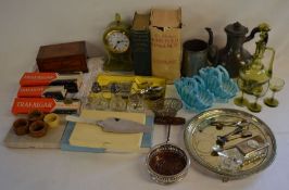 Onyx clock, Mrs Beeton's cookery book, works of Tennyson, cutlery, 2 glass baskets etc