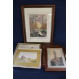 Large framed coloured etching depicting a forest clearing with indistinct pencil signature, pair