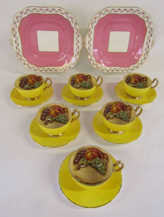 Aynsley Gold Fruits yellow teacups and saucers and 2 Aynsley pink plates