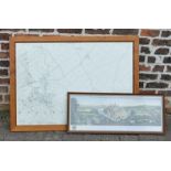 Framed 1907 Ordnance Survey plan of Keelby 112cm by 82cm & a framed re-print of an old engraving