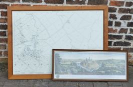 Framed 1907 Ordnance Survey plan of Keelby 112cm by 82cm & a framed re-print of an old engraving