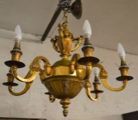 Large mid 20th century French brass five branch chandelier W73cm D 51cm excluding ceiling rose &