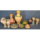 Collection of cloisonné items including a pendant, a pair of pewter beakers, gold plated ring,
