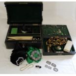 2 Victorian jewellery cases with selection of vintage costume jewellery & buckles