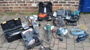 Various power & hand tools including an angle grinder, mitre saw, sanders, spanners etc