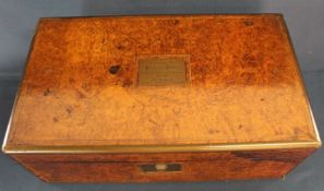 Victorian burr walnut writing slope with brass inlay & presentation plaque, fitted interior