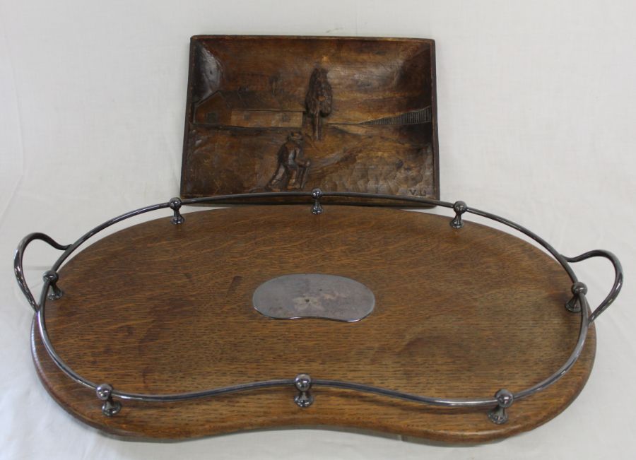 Edwardian kidney shape oak tray with silver plated gallery & central plaque 60cm wide & carved