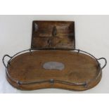 Edwardian kidney shape oak tray with silver plated gallery & central plaque 60cm wide & carved