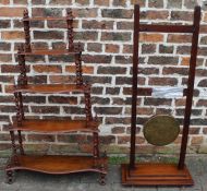 Wooden gong stand with brass gong & Victorian whatnot