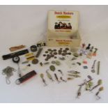 Small collection of items to include fishing hooks, brass peg, coins small figures etc