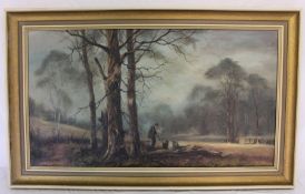 Large oil on canvas depicting shooting scene by John Trickett 105cm x 64.5cm