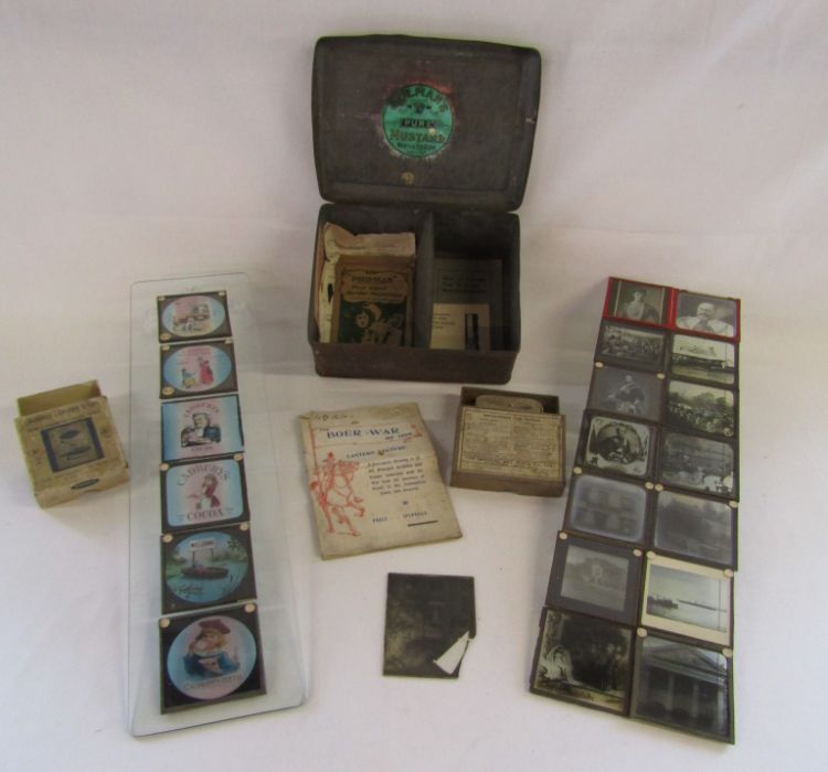 Collection of glass lantern slides to include advertising slide for 'Bird's' and 'Cadbury'  and