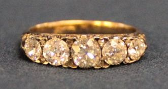 Tested as 18ct gold 5 stone diamond ring with 8 diamond chips, total 1.0ct, size L, 3.4g