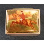 Silver pill box marked 925 with ceramic set lid depicting huntsman on horse back 0.84 ozt