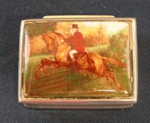 Silver pill box marked 925 with ceramic set lid depicting huntsman on horse back 0.84 ozt