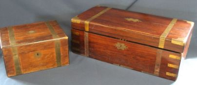 Victorian rosewood writing box with brass detail & smaller mahogany writing box - both distressed