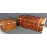 Victorian rosewood writing box with brass detail & smaller mahogany writing box - both distressed