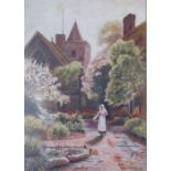 Painting signed A.Traviss 1929 'Maid Walking in the Courtyard' approx. 49cm x 59cm