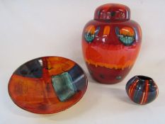 3 pieces of Poole pottery to include lidded ginger jar (slight crack to lid), dish and small vase