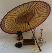 Starkie's Patent black boy money box, Cadbury 3 British Queens tin, parasol, folding fan & pr silver