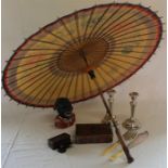 Starkie's Patent black boy money box, Cadbury 3 British Queens tin, parasol, folding fan & pr silver