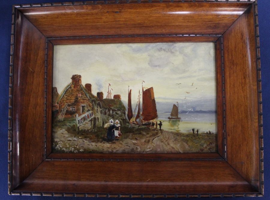 Small Dutch oil on board depicting coastal scene, size 29.5cm x 23cm - Image 2 of 3