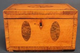 George III satinwood rectangular tea caddy, cross banded, with inlaid panels to sides and lid (