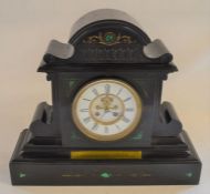 Very large 19th century slate mantel clock inset with malachite with plaque relating to Farnworth