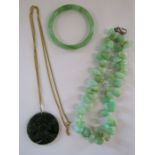 Collection of possibly jade items - Chinese design disc on chain (clasp marked 9ct 12.6g), Nepal