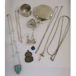 Collection of silver to include compact case including mirror, cross and chain, brooch, earrings,