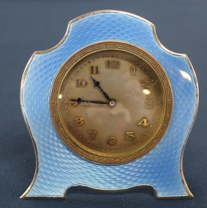George V silver & blue guilloche enamel easel dressing table strut timepiece, clock dial 4.5cm - Image 3 of 5