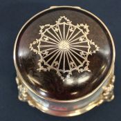 Edwardian circular silver dressing table pot lined with velvet (with ring aperture) on three legs