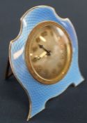 George V silver & blue guilloche enamel easel dressing table strut timepiece, clock dial 4.5cm