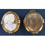 Tested as 9ct gold Victorian cameo brooch depicting classical lady in profile, the reverse marked