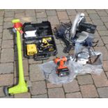 Ferm FKZ 250 circular mitre saw, DeWalt cordless drill, electric sander, Black & Decker drill & a