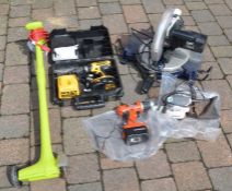 Ferm FKZ 250 circular mitre saw, DeWalt cordless drill, electric sander, Black & Decker drill & a